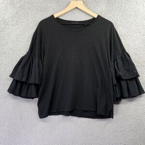 ATM Top Medium Ruffled 3/4 Sleeve Round Neck Black Jersey Blouse Career Minimal